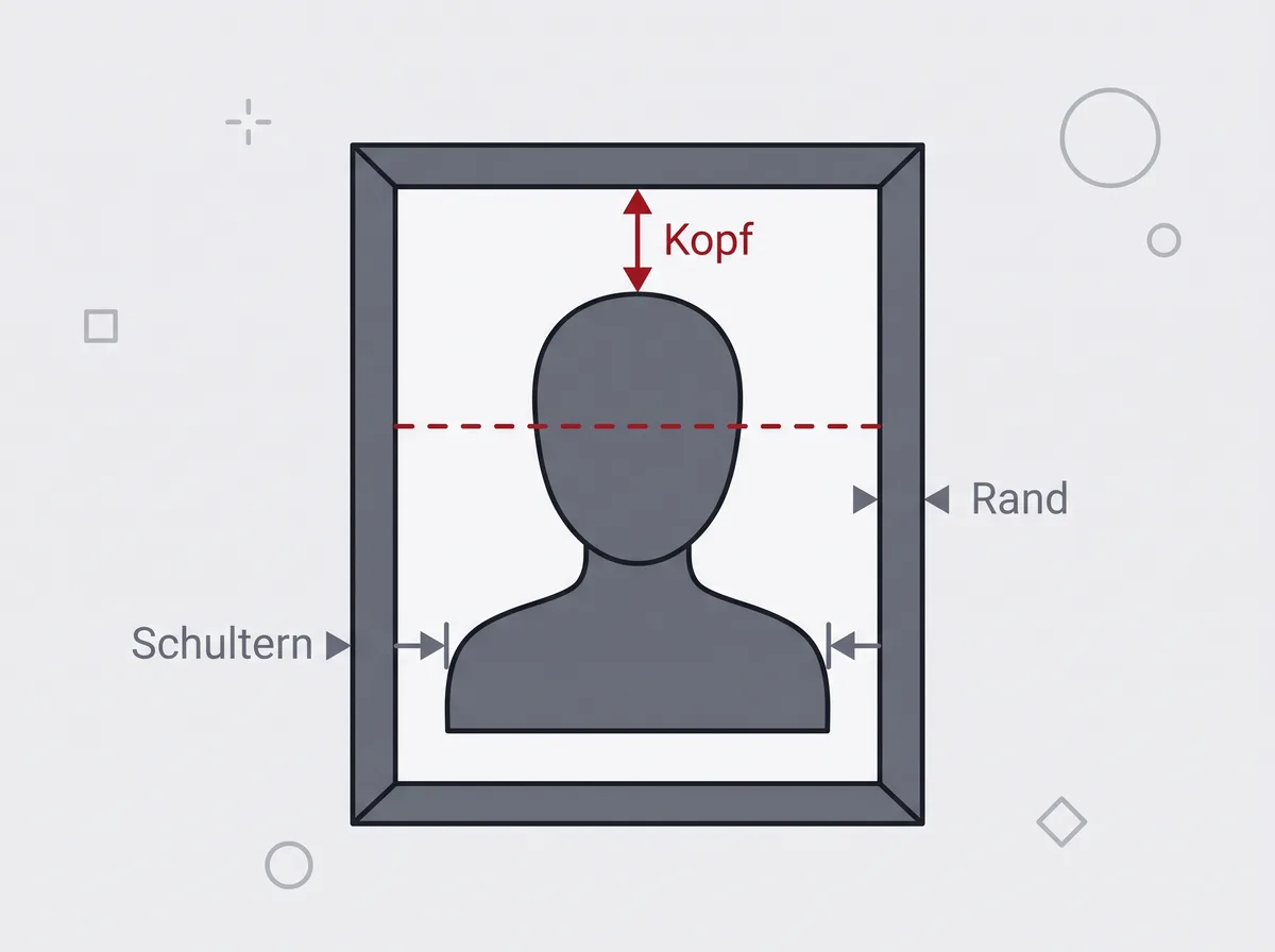 Der Bildausschnitt eines Bewerbungsfotos mit Kopf, Schultern und Rand, die Augen auf einer eingezeichneten Linie im oberen Drittel