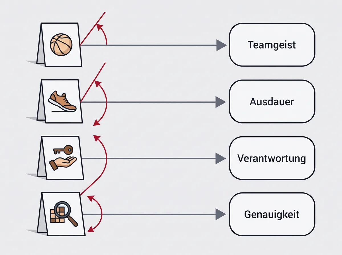 Vier Karten mit Hobby-Symbolen auf der linken Seite sind über Pfeile mit vier Feldern verbunden, die die Eigenschaften Teamgeist, Ausdauer, Verantwortung und Genauigkeit tragen