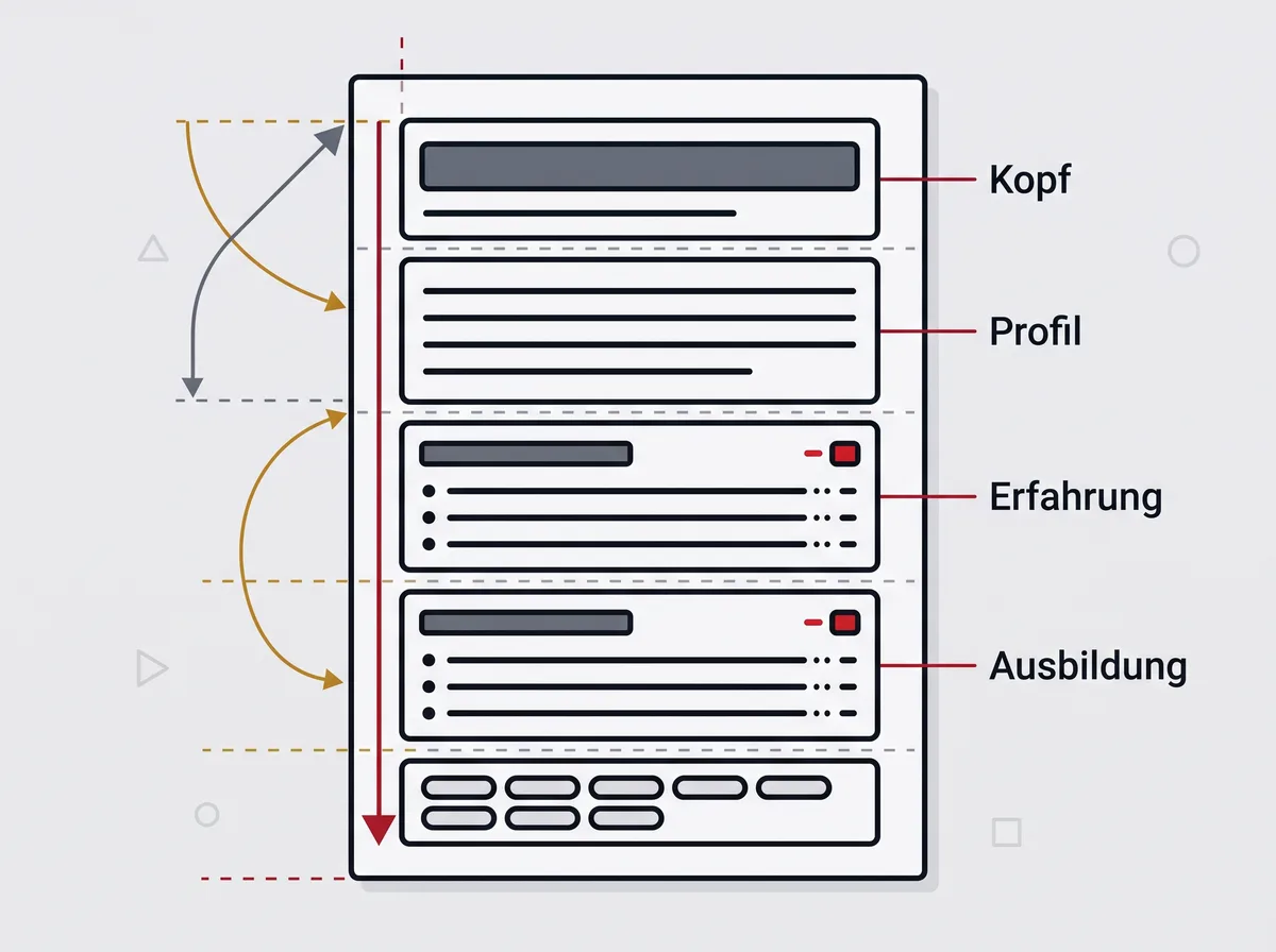 Der Aufbau eines englischen CV als Stapel von oben nach unten: Kopfbereich mit Kontaktzeile, kurzer Profiltext, Berufserfahrung, Ausbildung und ein schmaler Block mit Kenntnissen und Sprachen