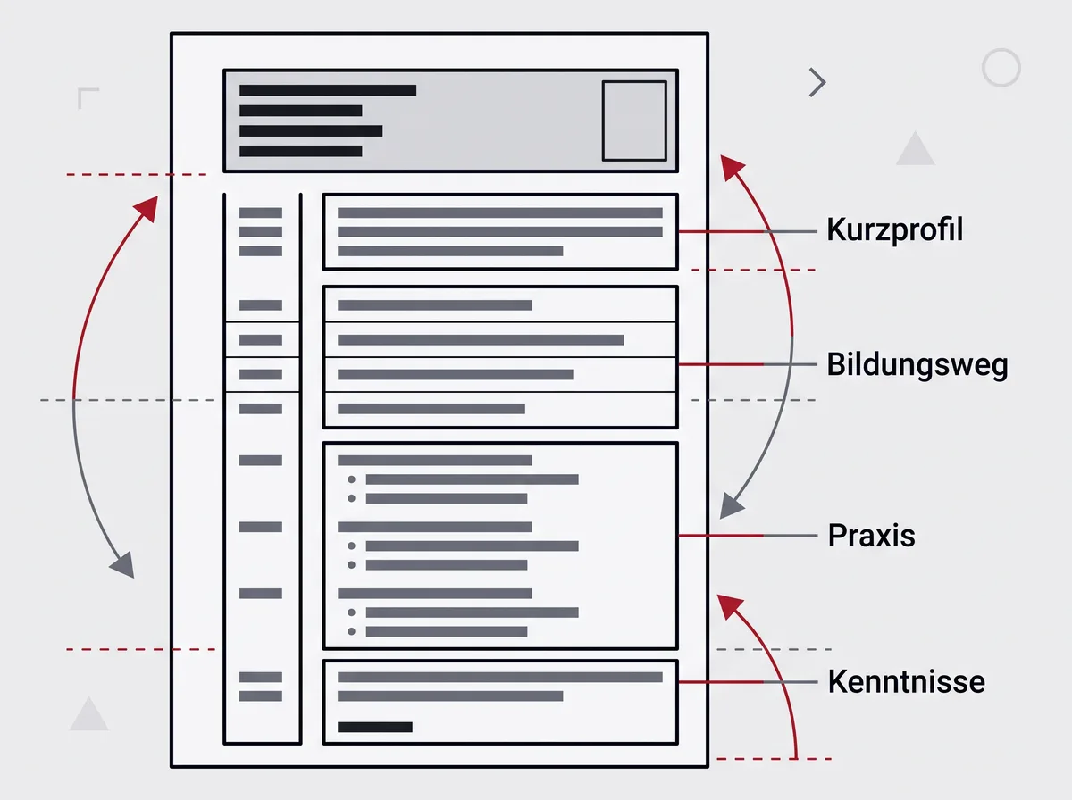 Der Aufbau einer einseitigen Lebenslauf-Seite für Studierende mit Kurzprofil, Bildungsweg, praktischer Erfahrung und Kenntnissen von oben nach unten