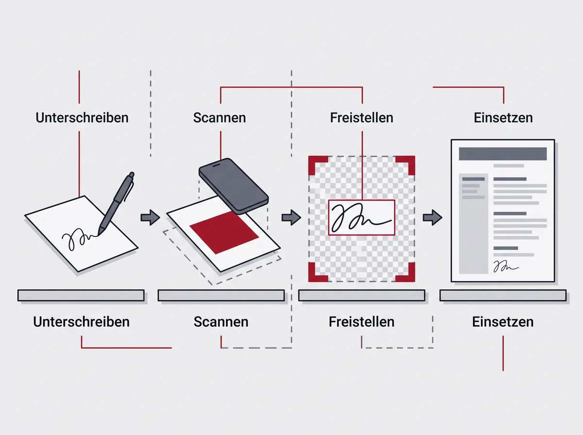 Der Weg der Unterschrift in vier Schritten: auf Papier schreiben, abfotografieren, freistellen und unter die Datumszeile des Lebenslaufs setzen