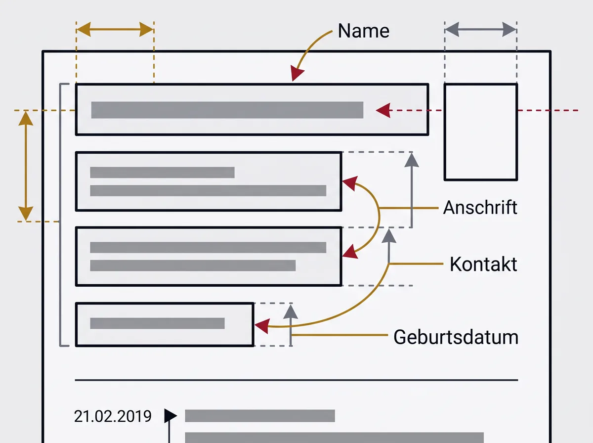 Der Aufbau des Datenblocks von oben nach unten mit Name, Anschrift, Kontaktzeile und Geburtsdatum, rechts daneben der Rahmen für das Foto