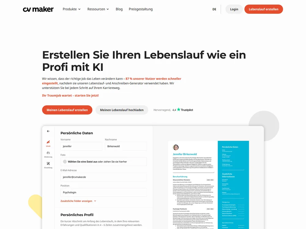 Screenshot of the CVMaker website