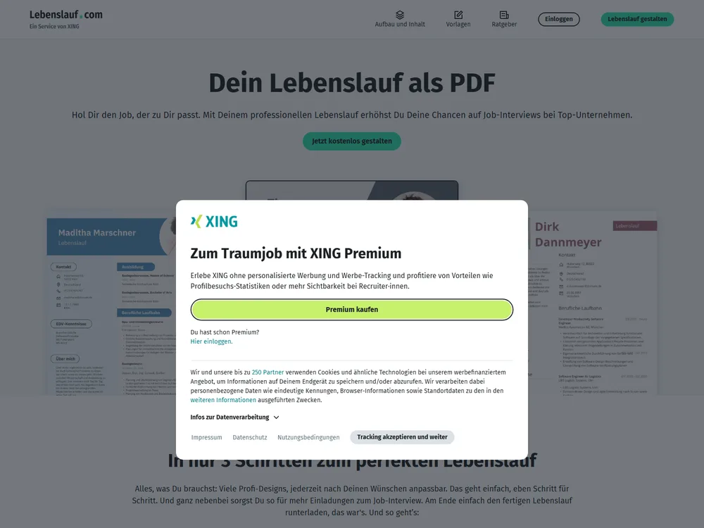 Screenshot of the Lebenslauf.com website