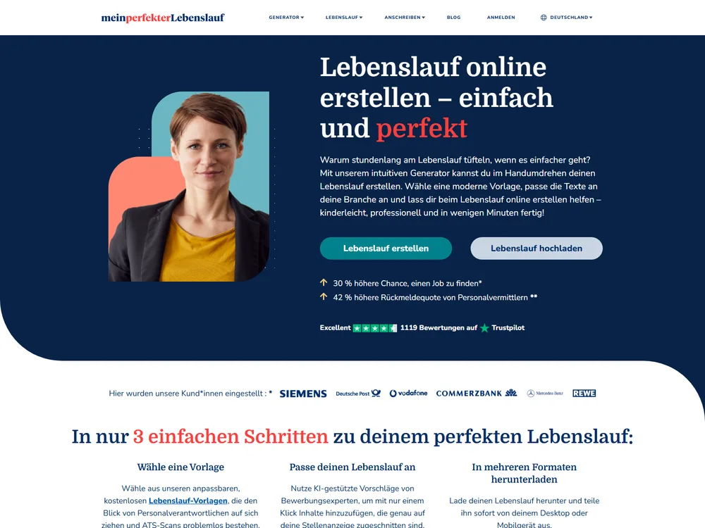Screenshot of the Mein Perfekter Lebenslauf website