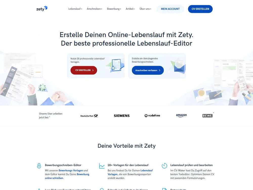Screenshot of the Zety website