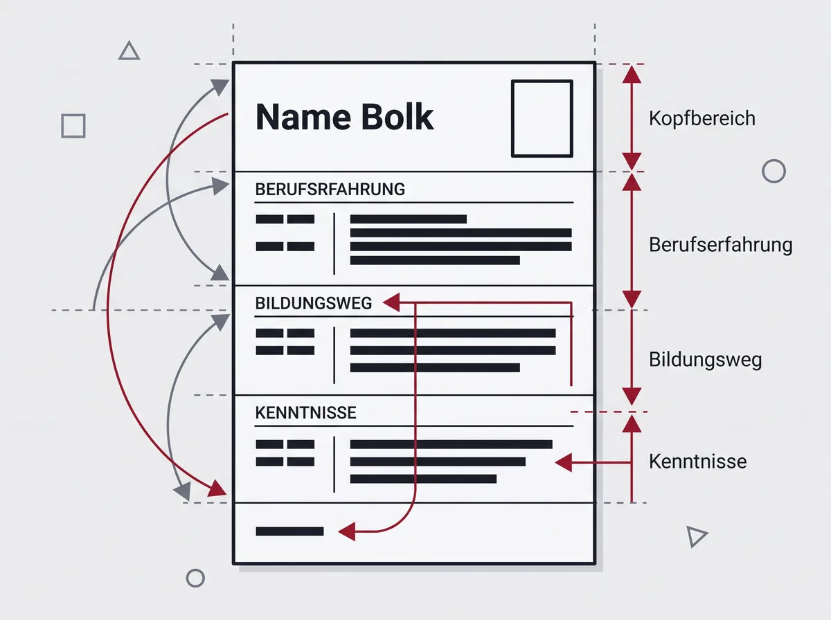 Die Abschnitte eines tabellarischen Lebenslaufs von oben nach unten: Kopfbereich mit Foto, Berufserfahrung, Bildungsweg, Kenntnisse und die Unterschriftszeile am Fuß der Seite